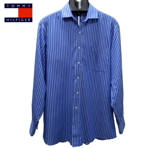 Tommy Hilfiger Mens Dress Shirt 34-35 Blue White - Picture 2 of 4
